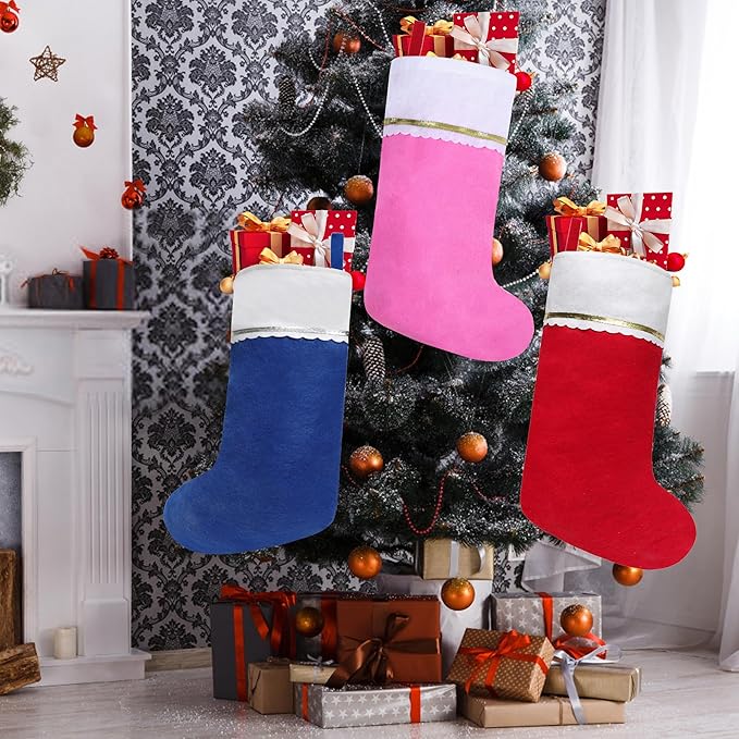 36 Pack Felt Christmas Stockings, 19 Inches Pink and White Christmas Stockings Hanging Ornaments, White Cuff with Gold Trim Christmas Stockings for Family Christmas Holiday Decorations