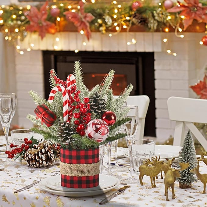 Super Holiday Small Winter Buffalo Check Plaid Christmas Tree, Artificial Mini Tabletop Christmas Tree Decorations with Xmas Ornaments, for Home Party Thankgivings Decor, Red/Black-Indoor