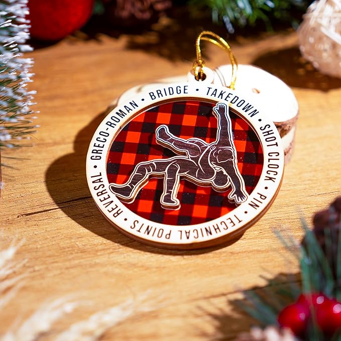 Wrestling Ornament 2025 – Wooden Christmas Ornament for Wrestlers, 2-Layer Rustic Plaid Wrestling Christmas Tree Decoration, Wrestling Gifts for Men