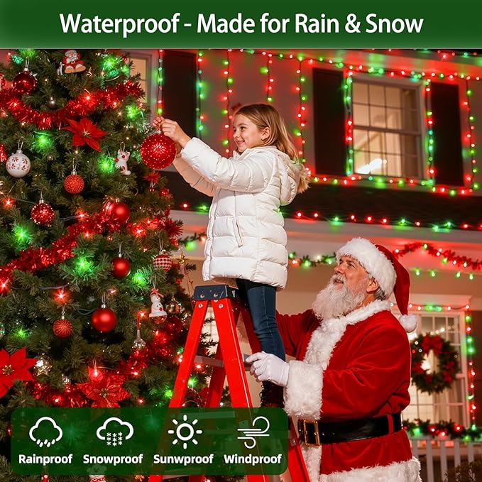 300LED Christmas Lights Outdoor Indoor Use, 12 Lighting Modes 75ft Christmas Tree Lights with Timer, Dimmable Red & Green LED StringLights Waterproof for Yard Tree Wedding Party Holiday Red & Green
