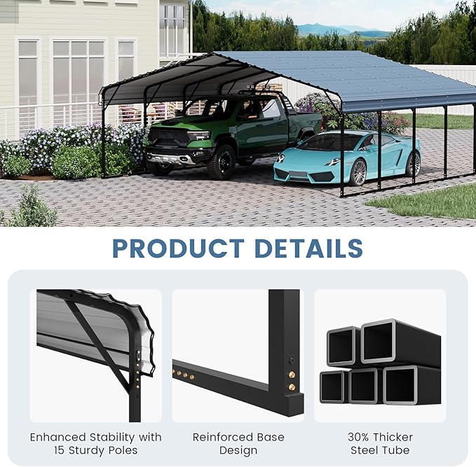 EROMMY 20x20 FT Stable Metal Carport, All-Weather Heavy-Duty Carports with Strong Base, Sturdy Car Shed with Galvanized Steel Roof and Frame, Easy Assembly Car Port for 2 Cars, Tractors, Boat, Gray