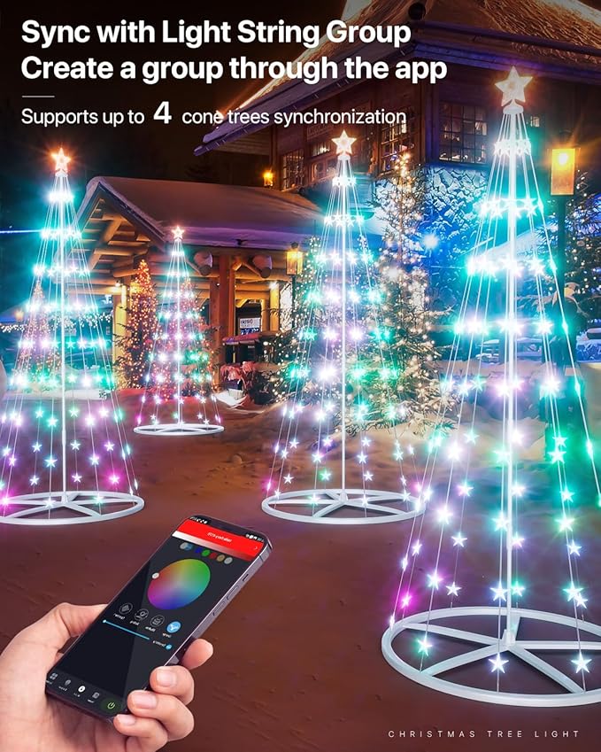 6.9ft Smart Led Christmas Cone Tree Light,Outdoor Lighted Christmas Tree 100 Led Lighted Artificial Tree with Star Topper, Remote App Control, DIY Colors Light Show Tree for Outdoor Decorations