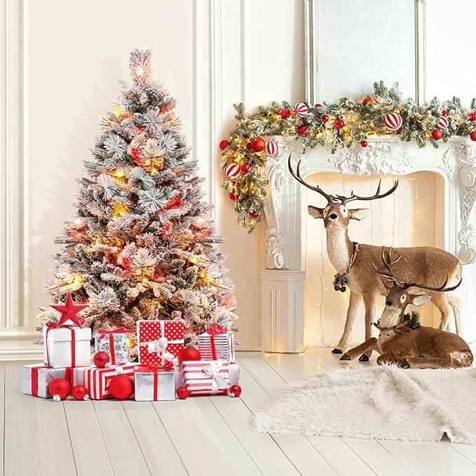 GOFLAME 4.5 FT Artificial Christmas Tree with Pine Needles, Snow Flocked Xmas Tree with 472 PE & PVC Branch Tips, 160 LED Lights & 26 Pine Cones, Hinged Decoration Tree with 8 Lighting Modes