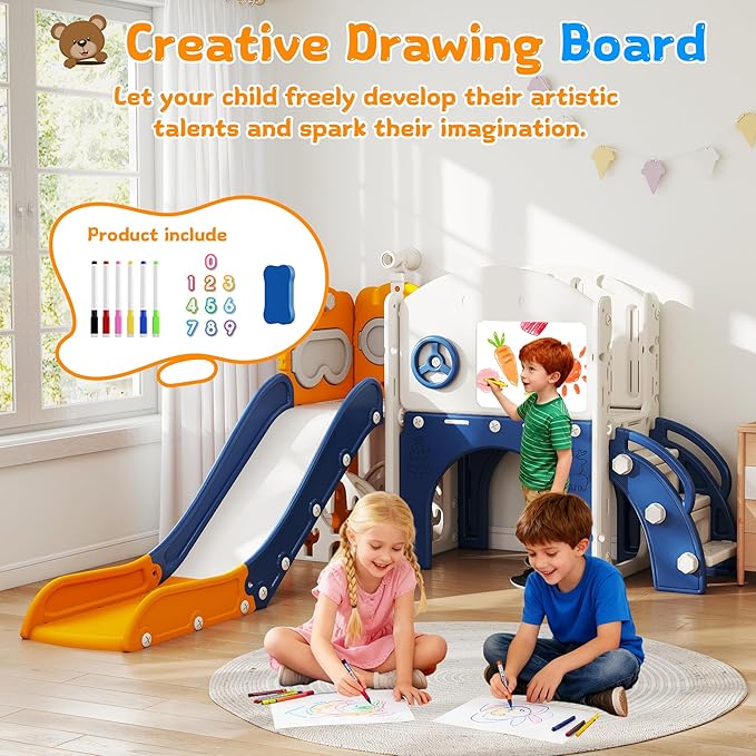 10-in-1 Toddler Slide Playset,Indoor Playground for Kids 1-3 and Toddler Outdoor playset with Golf Set, Basketball Hoop, Climbing Frame, Drawing Board and Steering Wheel, Yellow & Blue