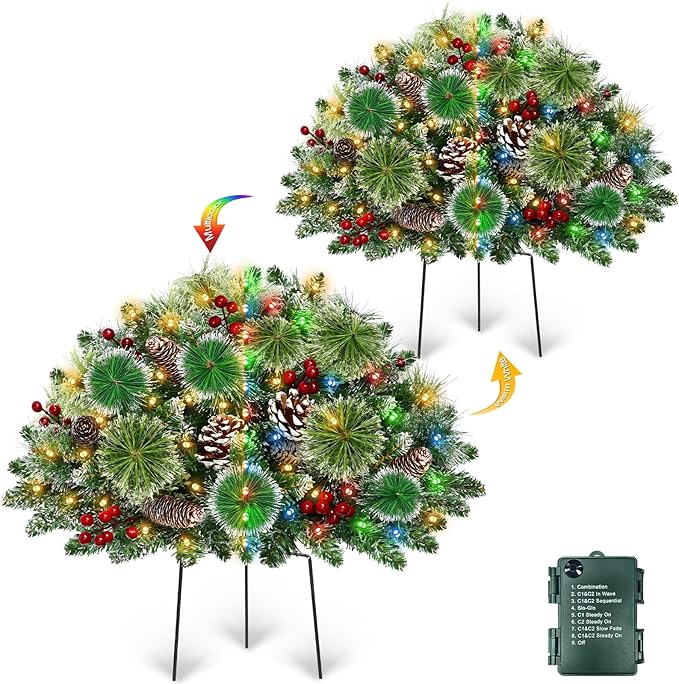 Set of 2 24" Christmas Tree Urn Filler, Prelit 8 Mode Timer 40 LED Lights Xmas Flocked Tree for Porch Driveway Yard