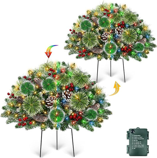 Set of 2 24" Christmas Tree Urn Filler, Prelit 8 Mode Timer 40 LED Lights Xmas Flocked Tree for Porch Driveway Yard