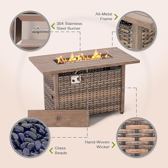 Nuu Garden 43¡± Propane Fire Pit, CSA-Listed Rattan Outdoor Fire Pit Table, 50,000 BTU Smokeless Gas Fire Table with Lid and Glass Beads, 2-in-1 Rectangular Fire Table for Outside Backyard Patio, Brown
