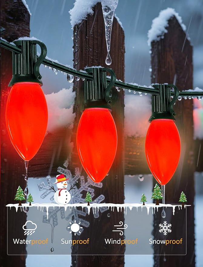 LED C9 Red Christmas Lights Outdoor, 25FT C9 LED Outdoor String Lights with 26 Shatterproof Red Bulbs, Waterproof Vintage Christmas Lights for Indoor Holiday Tree Roofline Patio Party Garden Decor