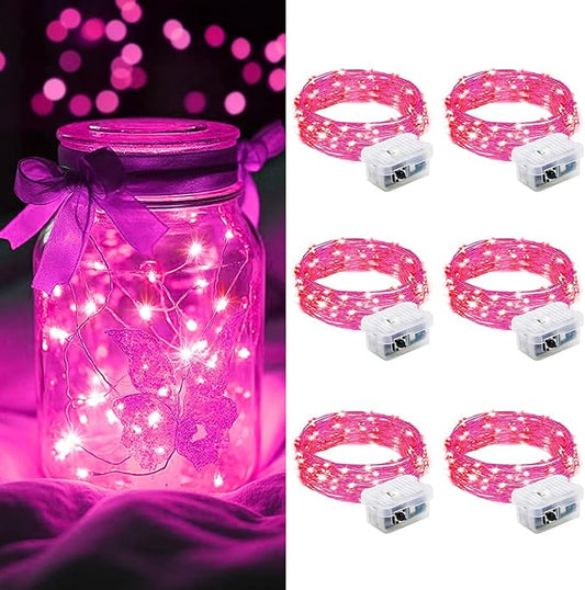 AIKEI 6 Pack LED Fairy Lights Battery Operated, Mini String Lights Waterproof 7ft 20 Led Firefly Starry Lights for Wedding Party Bedroom Valentine's Day Birthday Christmas Decoration, Pink
