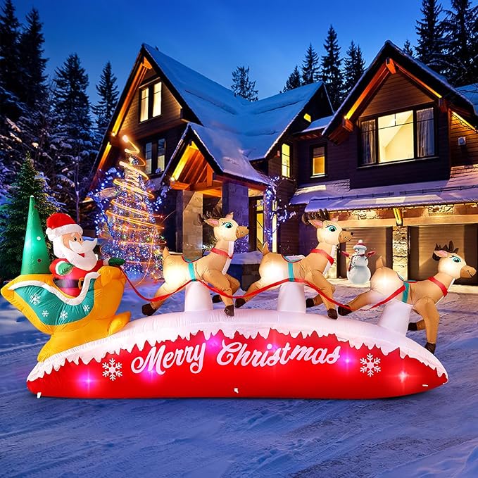 10FT Long Christmas Inflatables Santa Claus with Reindeer Sleigh Outdoor Decorations, Build-in Rotating Colorful LEDs Santa Blow up Yard Decoration for Holiday Xmas Party Indoor Lawn Christmas Eve