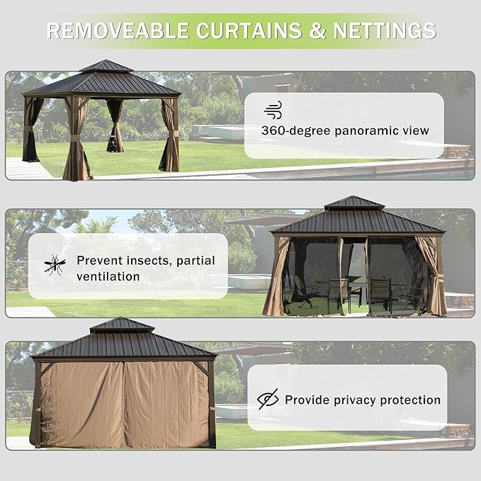 Domi 12x12FT Outdoor Gazebo, Hardtop Gazebo with Galvanized Steel Double Roof, Metal Gazebos with Drainage System Patio Pergola for Patio Deck Backyard,Curtain and Netting,Brown