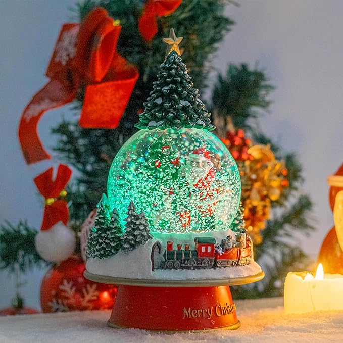 Taman Christmas Snow Globe, Santa with Gifts,Christmas Tree,Mini Train Carrying Bears Musical with Swirling Glitter Snowflakes Lighted Christmas Decorations Tabletop Home Décor