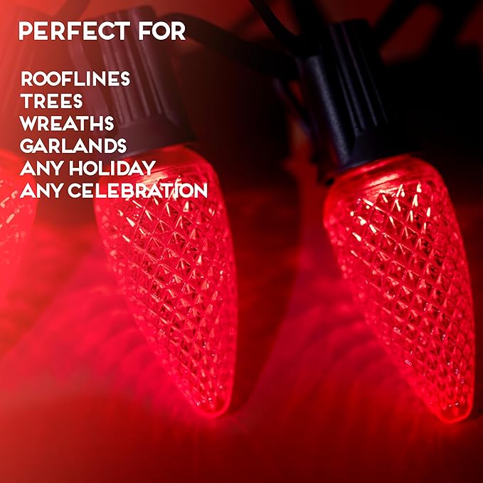 HLO Lighting Set of 25 Red C9 Faceted LED Christmas Light Bulbs for Indoor & Outdoor Use | Durable Replacement Bulb