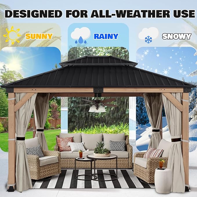 10x12 FT Wooden Hardtop Gazebo,Wood Heavy Duty Solid Cedar Gazebos with Mosquito Netting and Waterproof Curtains,Outdoor Metal Canopy for Deck Patio