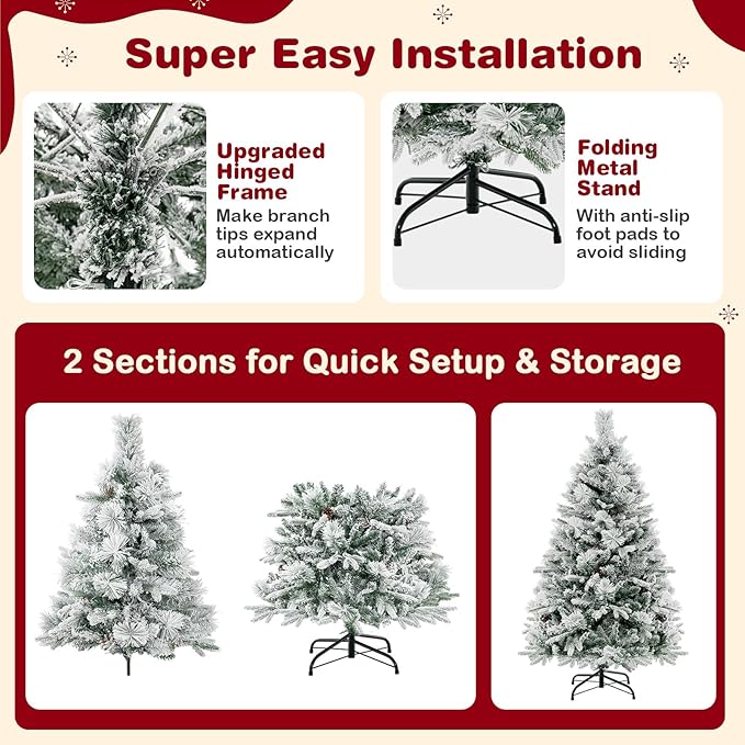 GOFLAME 4.5 FT Artificial Christmas Tree with Pine Needles, Snow Flocked Xmas Tree with 472 PE & PVC Branch Tips, 160 LED Lights & 26 Pine Cones, Hinged Decoration Tree with 8 Lighting Modes