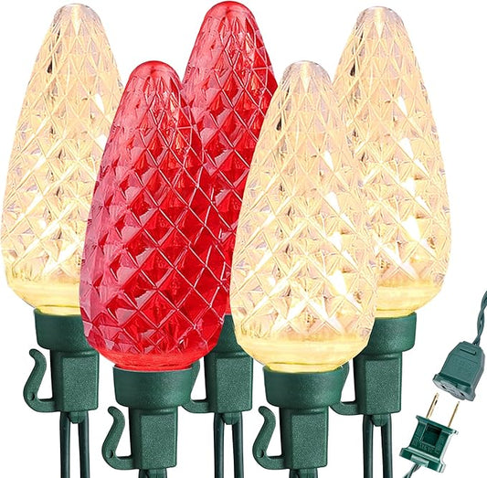 Brizled Red & Warm White Christmas Lights, 66ft 100 LED C9 Christmas Lights, Connectable Outdoor Faceted Strawberry Light String, 120V UL Certified Indoor Xmas Tree Light for Home Holiday Party Decor