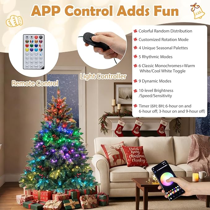 GOFLAME 5FT Pre-lit Artificial Christmas Tree, Hinged Xmas Tree with Remote and App Control, 250 Color & Mode Changing RGB Lights, Timer, 584 Branch Tips, Pine Cones and Red Berries