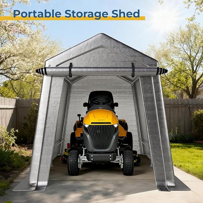 7 x 10 FT Carport, Portable Shed w/220G Heavy Duty Waterproof PE Tarp, Roll-up Zipper Door & Vent, Weather-Resistant Storage Shed for Motorcycle, Bike and Tools, Gray