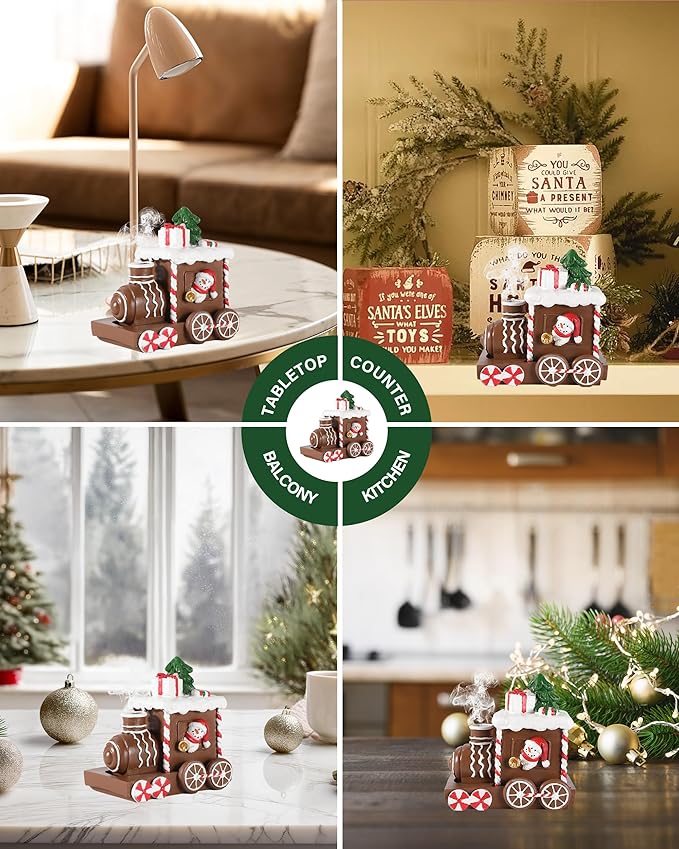 Christmas Train Resin Figurine with Smoke Chimney – Gingerbread-Style Holiday Train with Snowman, Candy Wheels, and Gift Decor – 4.2” Festive Tabletop Decoration (Train)