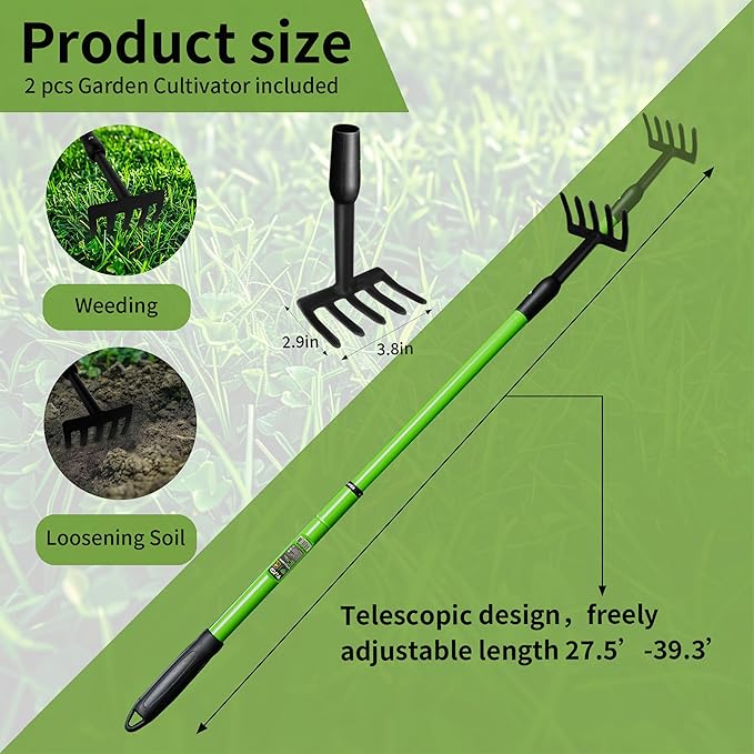 Small Rake for Gardening, Garden Rake, Hand Rakes, Ajustable Handle Gardening Hand Cultivator, Garden Tool with Non Slip Handle Hand, Weeder Tool for Weeding Tilling Soil Planting