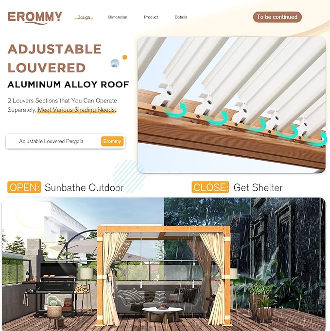 EROMMY Louvered Pergola 10' x 10' Outdoor Hard Top Gazebo with Wooden Grain Aluminum Frame and Adjustable Metal Rainproof Roof for Garden & Patio, Curtains and Netting Included, Wood Grain