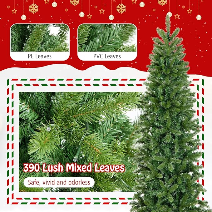GOFLAME 5ft Pre-lit Pencil Christmas Tree, Artificial Christmas Tree with 180 LED Lights, 10 Light Modes, 390 Branch Tips, Metal Stand, Hinged Xmas Tree for Holiday Festival Decor