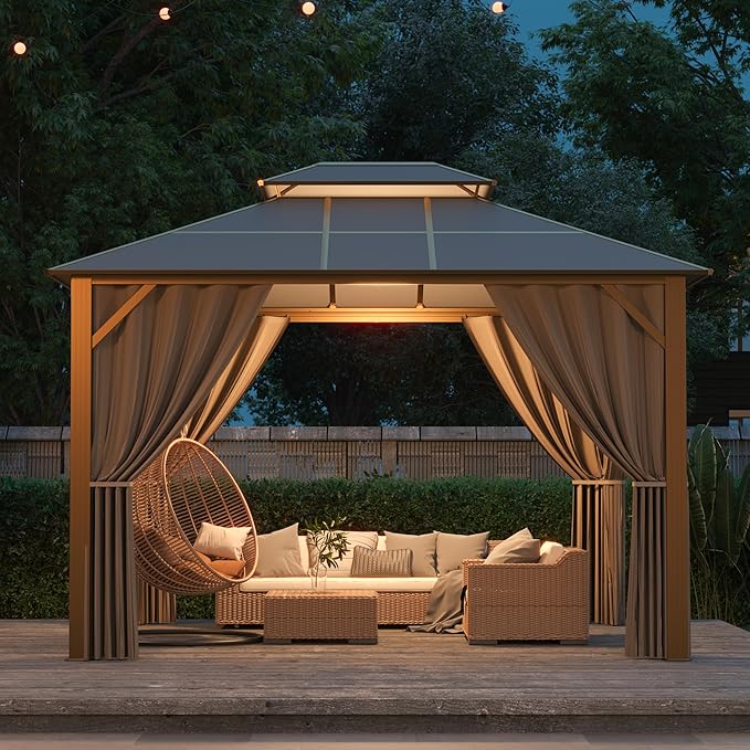 Kingdura Hardtop Gazebo 10'x12' with Double Polycarbonate Roof Canopy, Outdoor Gazebo with All-Weather Resistant Aluminum Frame Permanent Pavilion, UV Blocking for Patio Lawn Garden