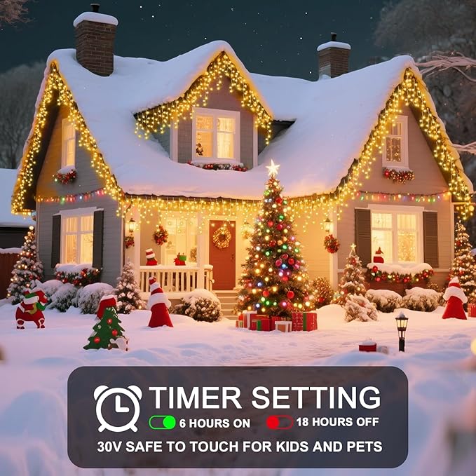 98 Ft Ice Lights for Outside, 1216 LED Christmas Lights Outdoor Plug in, Christmas String Lights with 8 Modes & Timer for Holiday, Party, Wedding, House, Patio, Outdoor Decor(Warm White)