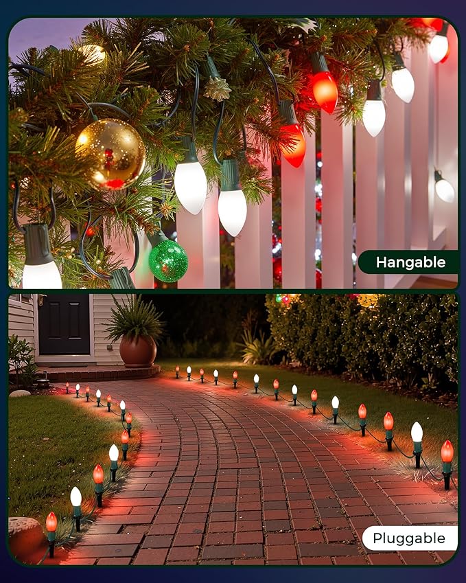 Frosted C9 Christmas Lights Outdoor, 25.7 Ft Christmas Pathway Lights with 20 LED Bulbs and Stakes, Connectable Christmas Yard Decorations Walkway Sidewalk Holiday, Red and White
