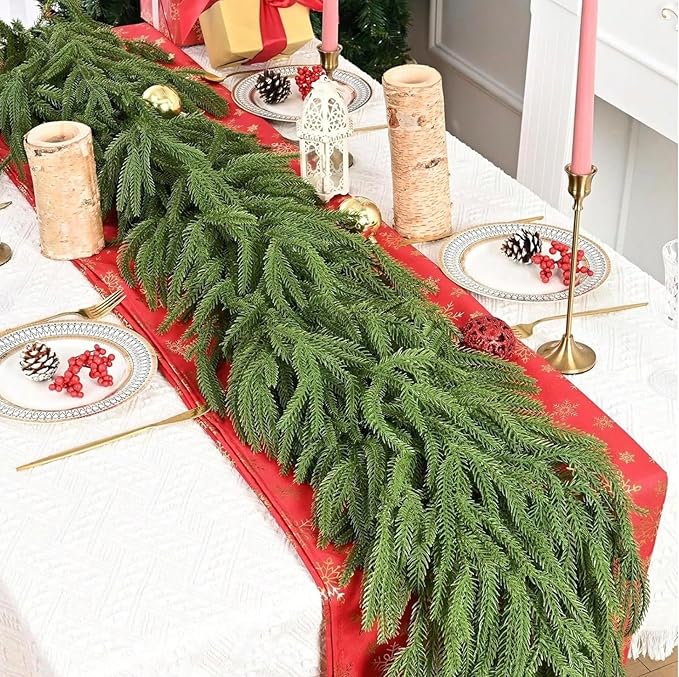 2 Pcs 6 Ft Artificial Norfolk Pine Garlands, Real Touch Winter Pine Garland, Green Artificial Greenery Garland for Table, Mantle, Wall, Indoor, Outdoor Christmas Decorations
