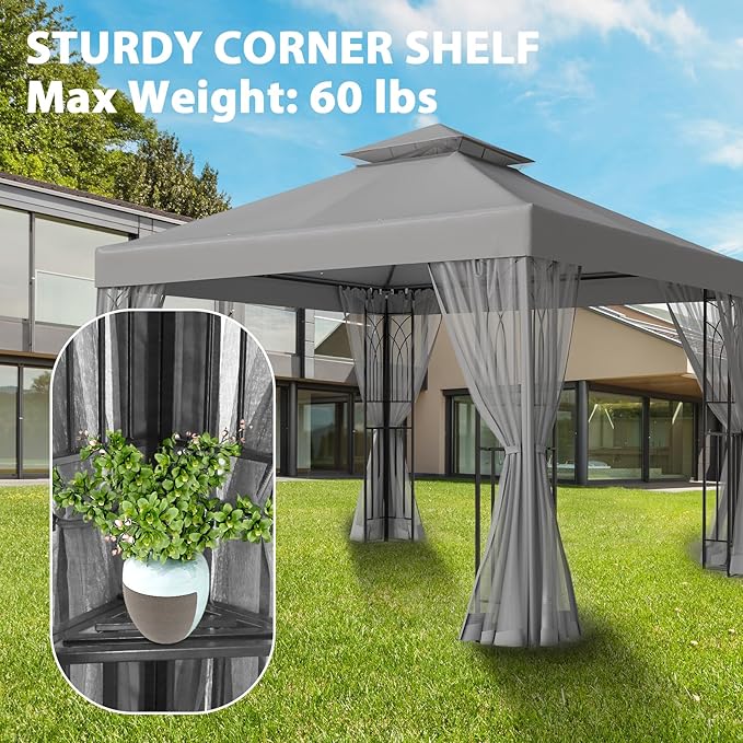 10x10 Outdoor Gazebo Tent with Netting and Corner Shelves, Double Roof Patio Gazebo with Soft Fabric Top, Outdoor Pavilion for Backyard Patio Garden Lawn, Gray
