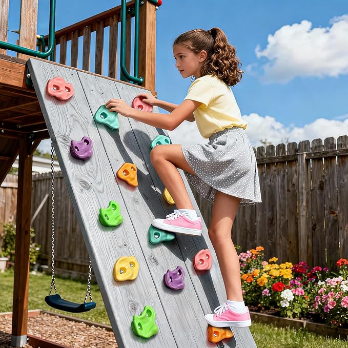 TOPNEW 12PCS Climbing Holds for Kids, Rock Wall Climbing Kit with Hardware for Indoor and Outdoor Climbing Wall, Pastel Color