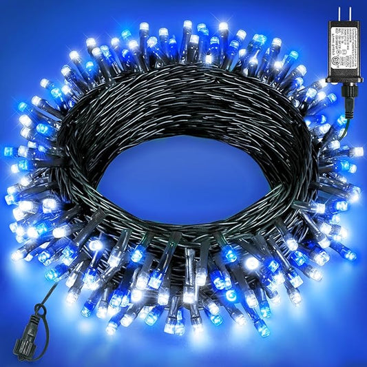 40FT 120 LED Christmas Lights Outdoor, Blue White Christmas String Lights Waterproof, 8 Modes & Timer, Connectable Christmas Tree Lights for Indoor Garden Yard Party Decorations