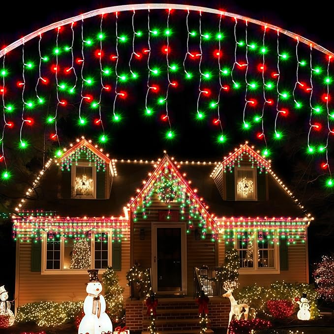 Led Christmas Lights Outdoor Christmas Decorations Hanging Light 400LED 8 Modes 75 Drops, Waterproof Outdoor Indoor Fairy Xmas Lights for Party, Holiday, Wedding, Home Decorations (Red and Green)