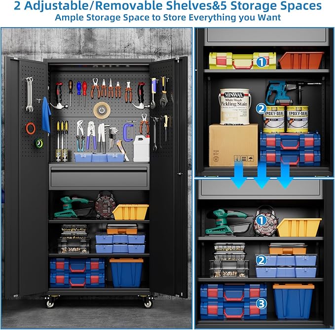 Aobabo 71 H Metal Storage Cabinet with Wheels with 5 Pegboards and 1 Drawer,Lockable Steel Tool Cabinet for Garage,Warehouse,Assembly Required,Black
