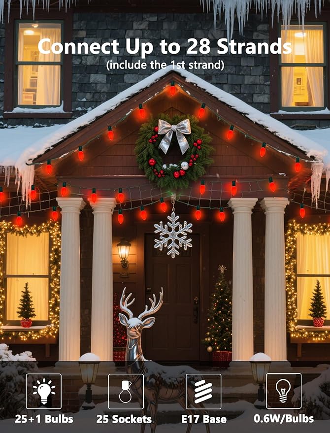 LED C9 Red Christmas Lights Outdoor, 25FT C9 LED Outdoor String Lights with 26 Shatterproof Red Bulbs, Waterproof Vintage Christmas Lights for Indoor Holiday Tree Roofline Patio Party Garden Decor