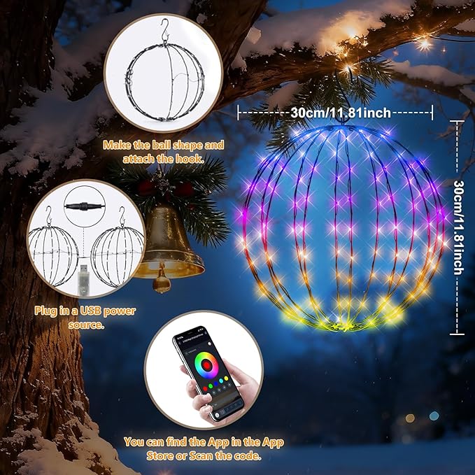 2PACK Lighted Outdoor Christmas Ball, Smart Christmas Globe Sphere Light Hanging Tree Lights mit APP Control, Foldable Waterproof with Remote,DIY Dynamic, Music Sync for Indoor Outside 12.2"