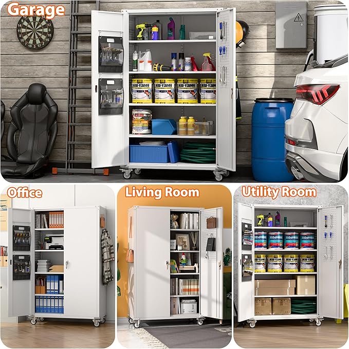 Aobabo Extra Large Garage Storage Cabinet on Wheels, Metal Storage Cabinets with 4 Adjustable Shelves, 3 Pegboards and 2 Tool Pouches for Home Office Stash, Assembly Required