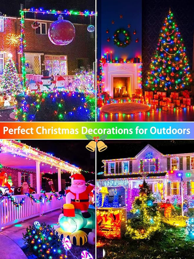 4 Pack 180FT Solar Christmas Lights Outdoor Waterproof, Super Bright 320 LED Solar String Lights with 8 Lighting Modes, Green Wire Solar Twinkle Tree Lights for Outside Xmas Party Yard(Multi-Colored)