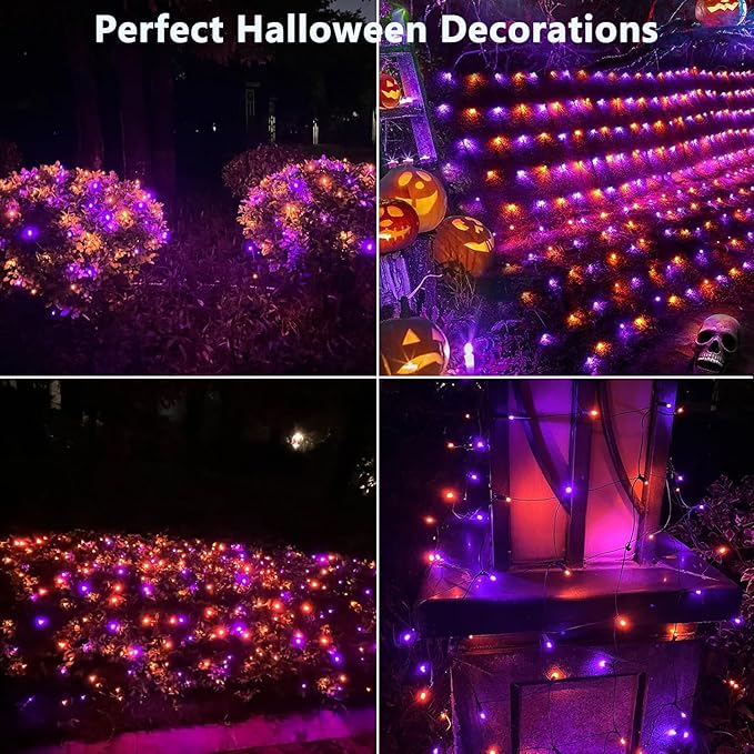HISHINY Halloween Lights Outdoor,144LED 6ftx6ft Purple and Orange Net Lights with Connectable, Waterproof,UL Certified and Durable Black Wire Design for Bushes,Trees, Outdoor Indoor Party Decorations