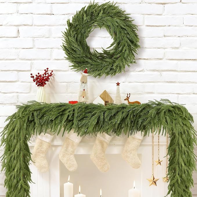 12FT Artificial Norfolk Pine Garlands - Real Touch Winter Pine Garland, Green Artificial Greenery Garland for Mantle, Table, Wall, Indoor & Outdoor Fireplace Christmas Decorations