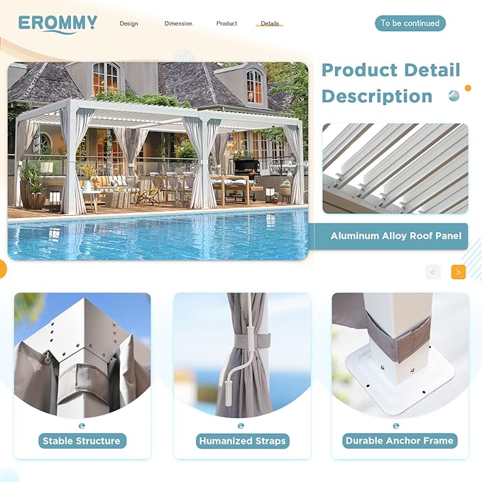 EROMMY Louvered Pergola 12' x 20' Outdoor Hard Top Pergola with Aluminum Frame and Adjustable Metal Rainproof Roof for Garden & Patio, Curtains and Netting Included, White