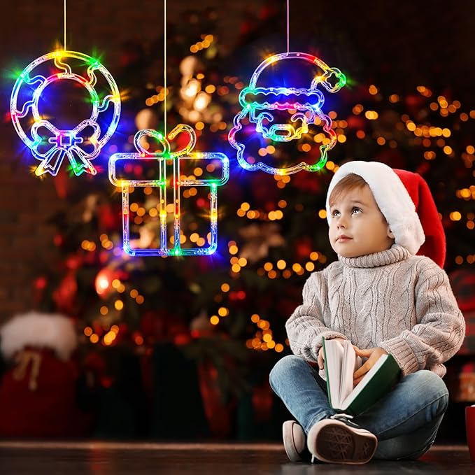 LOLStar Christmas Window Decorations 3 Pack Wreath Gift Box Santa Claus Christmas Window Lights with Suction Cups, Battery Operated Xmas Lights Decors, 2024 Upgrade Slow Fade Mode and Timer Function