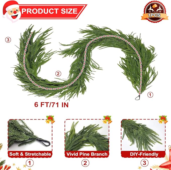 6 FT Christmas Norfolk Pine Garlands, Artificial Real Touch Winter Pine Garland, Green Realistic Greenery Garland for Table, Mantle, Wall, Indoor, Outdoor Christmas Decorations (1 Pcs)