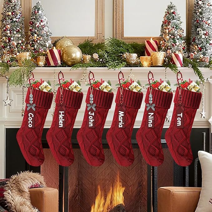 Christmas Stockings 18 Inches,Long Knitted Stocking with Name Tags, Christmas Decoration Hanging Stockings Fireplace Xmas Tree Ornaments for Home Family