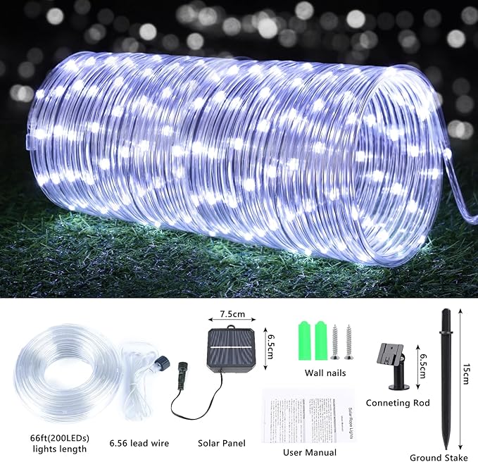 Solar Rope Lights, 2 Pack Total 132ft 400LED Solar String Lights, 8 Modes Waterproof Solar Powered Outdoor Light, Flexible Clear Tube Light for Garden Backyard Patio Deck Porch Pool Tree Decor - White