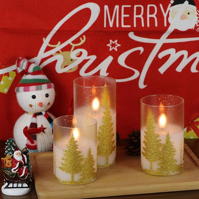 Wondise Glass Flickering Flameless Candles with Remote and Timer, Battery Operated 3D Wick LED Candles Christmas Tree for Christmas Holiday Home Decoration, Set of 3(D3 x H4,5,6 Inch)