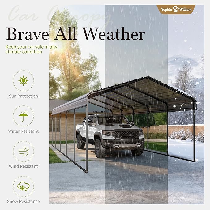 Sophia & William Carport Car Port Metal Canopy 12x25 ft Heavy Duty for Snow, Portable Garage Kit Shed Tent Shelter Metal Frame All Weather Outdoor for Boat with Anti-Leak Seam Taped, Dark Grey