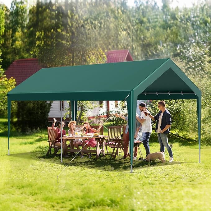 12x20FT Heavy Duty Carport, Portable Car Canopy Garage Boat Shelter Party Tent, UV Resistant Waterproof Carport Canopy with Four Wind-Resistant Ropes, Green