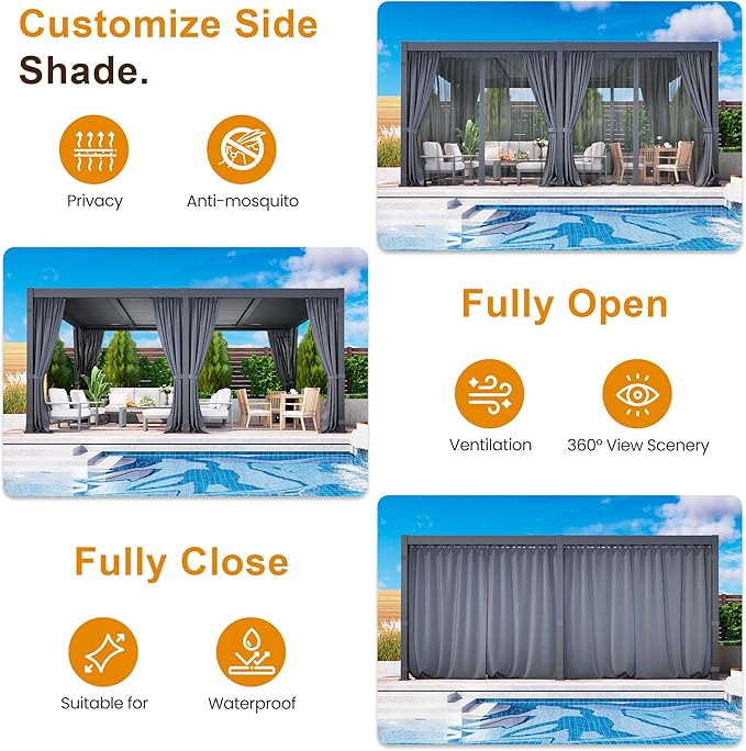 12' x 20' Louvered Pergola, Outdoor Pergola with Curtains & Netting, Metal Patio Pergola with Adjustable Louvers Roof and Gutter System, Metal Hardtop Gazebo for Patio, Deck, Garden, Yard, Dark Gray